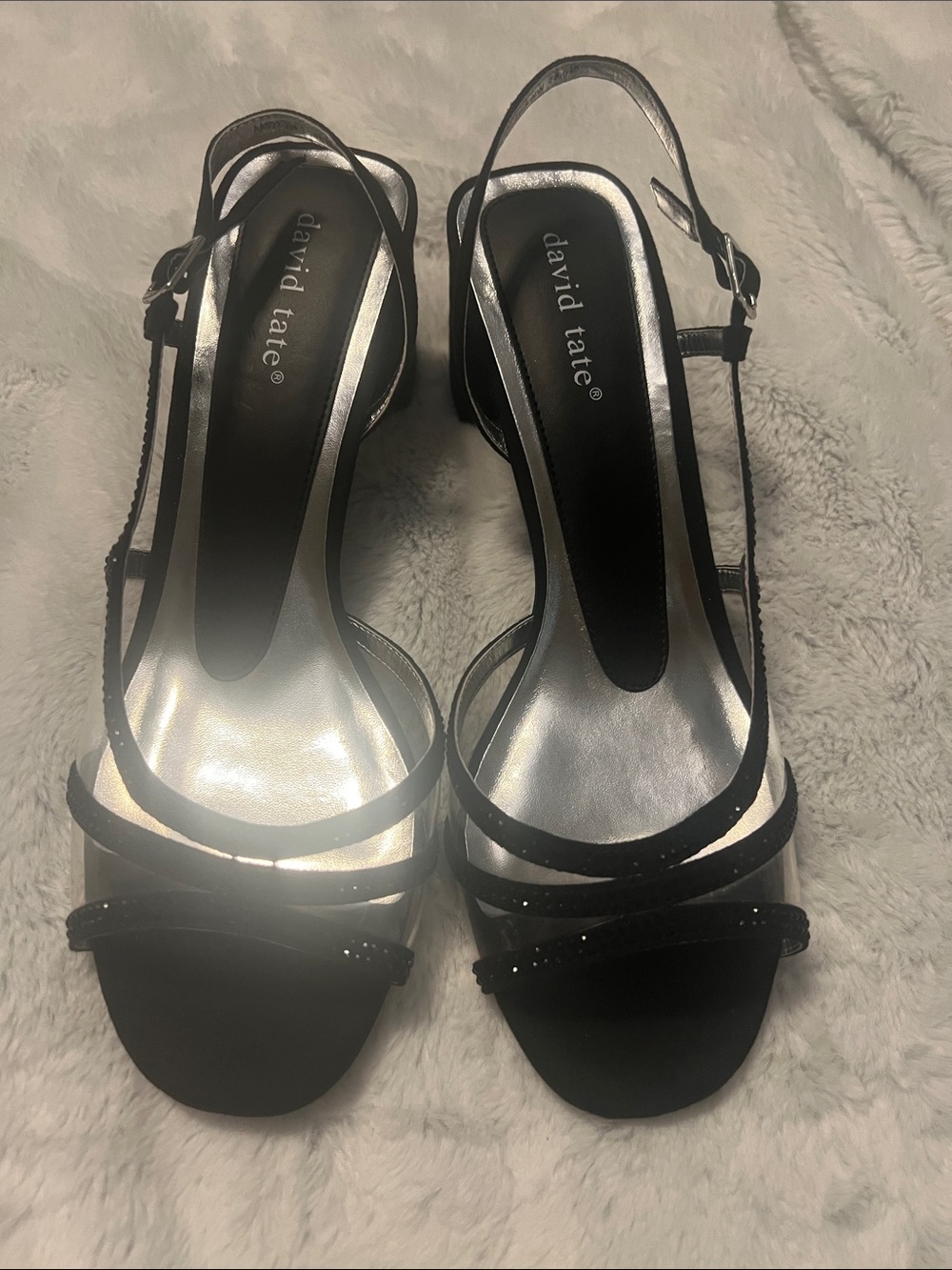 David Tate Black Strappy Slingback Heels with Silver Insole